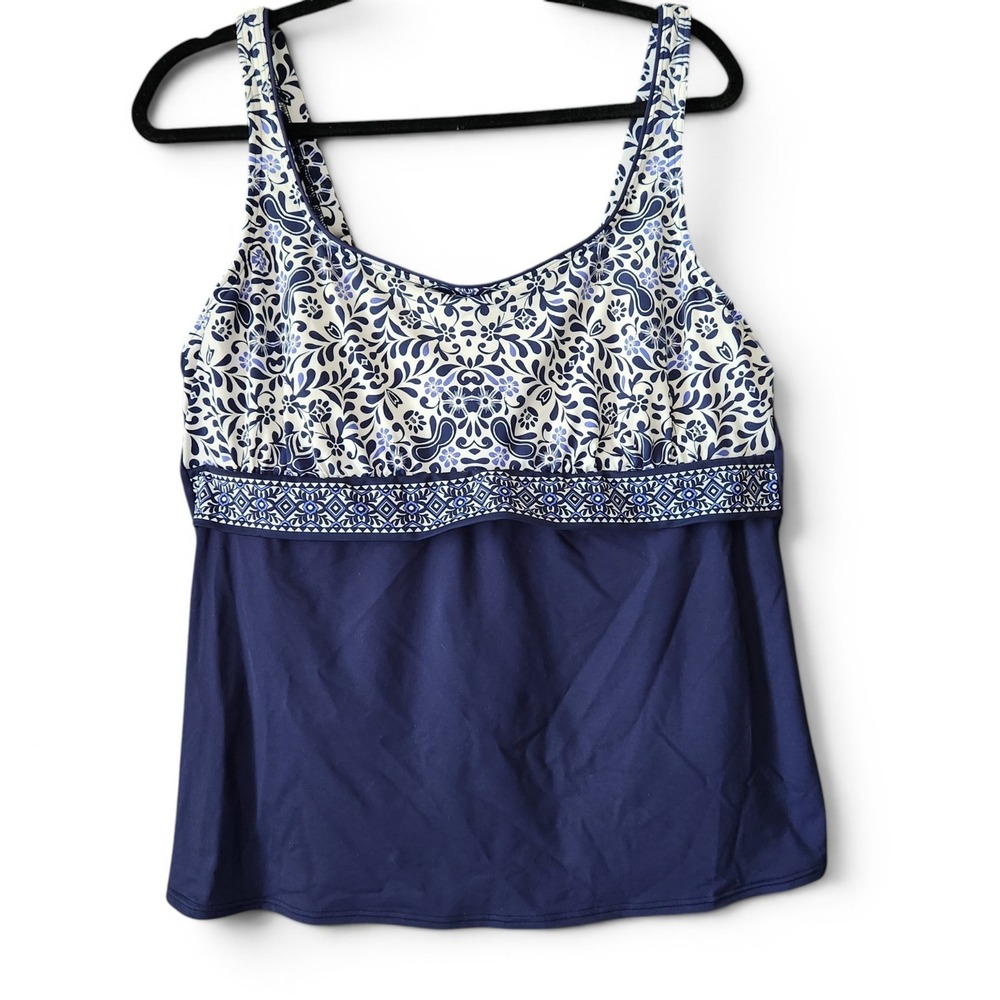 Lands End Tankini Swim Top Women's 18 Floral Geometric Navy Blue Top Only